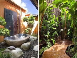 Външен душ с вана и бамбук